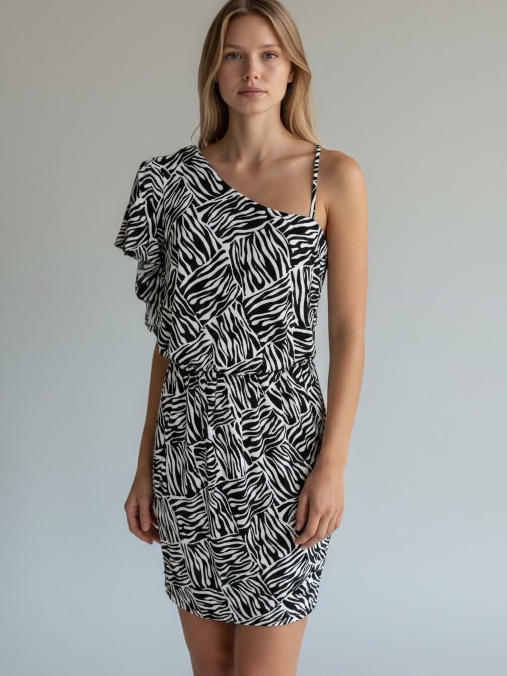 Zebra One Shoulder Mini Dress - Picture 3 of 11